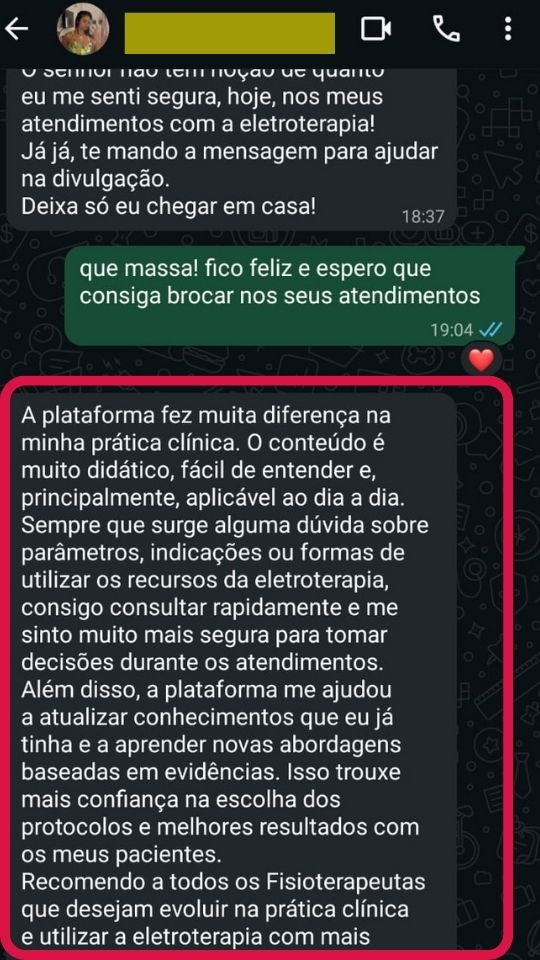 Depoimento de aluno no WhatsApp